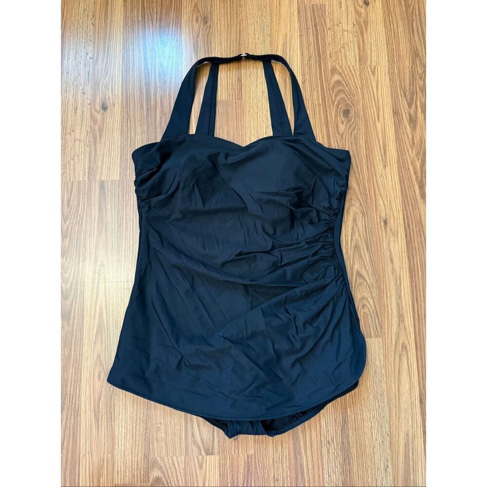 Lands' End women's Ruched SlenderSuit Skirted One Piece Swimsuit Black Sz 18